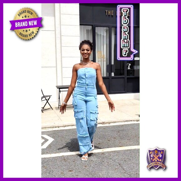 Women's Denim Cargo Jumpsuit Off Shoulder Tube Top Wide Leg Baggy Fit - Picture 7 of 7